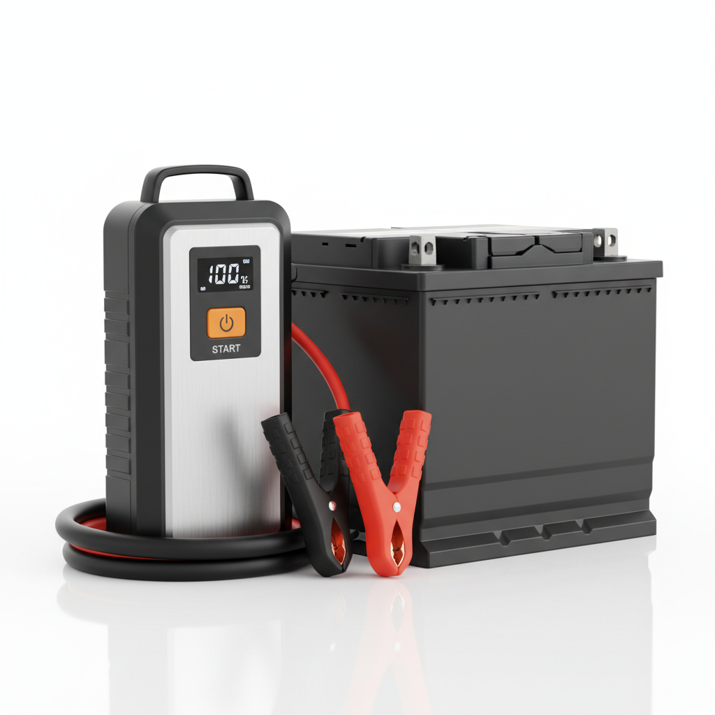 Portable car jump starter next to a car battery